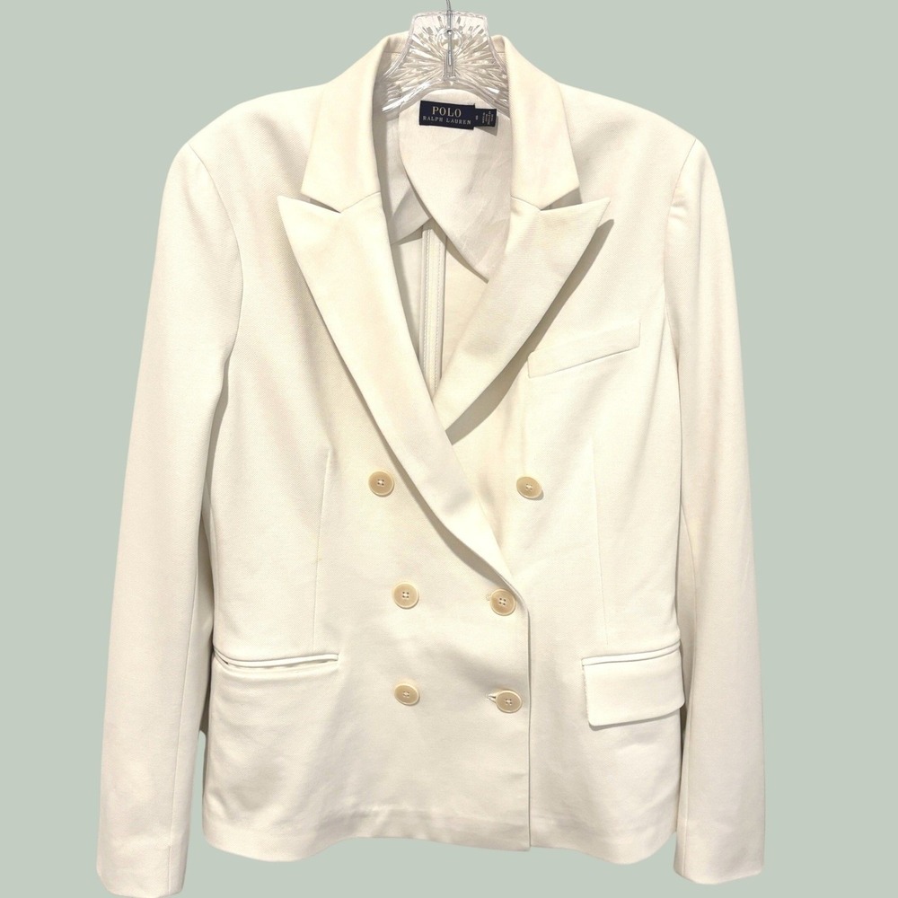 Polo Ralph Lauren Double Breasted Blazer Womens 8 Cream Peak Lapel Knit Cotton